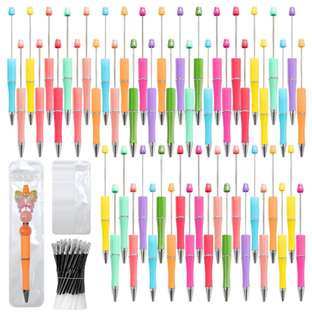 150 Pieces DIY Beadable Pen Kit – 50 Plastic Ballpoint Pens with Refills & Bags