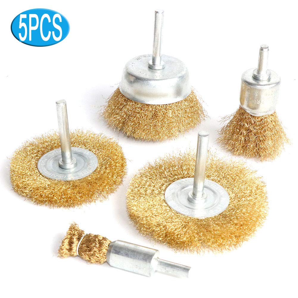 FPPO 5pcs Brass Wire Wheel Brush Kit for Drill,Crimped Cup Brush with 1/4-Inch Shank