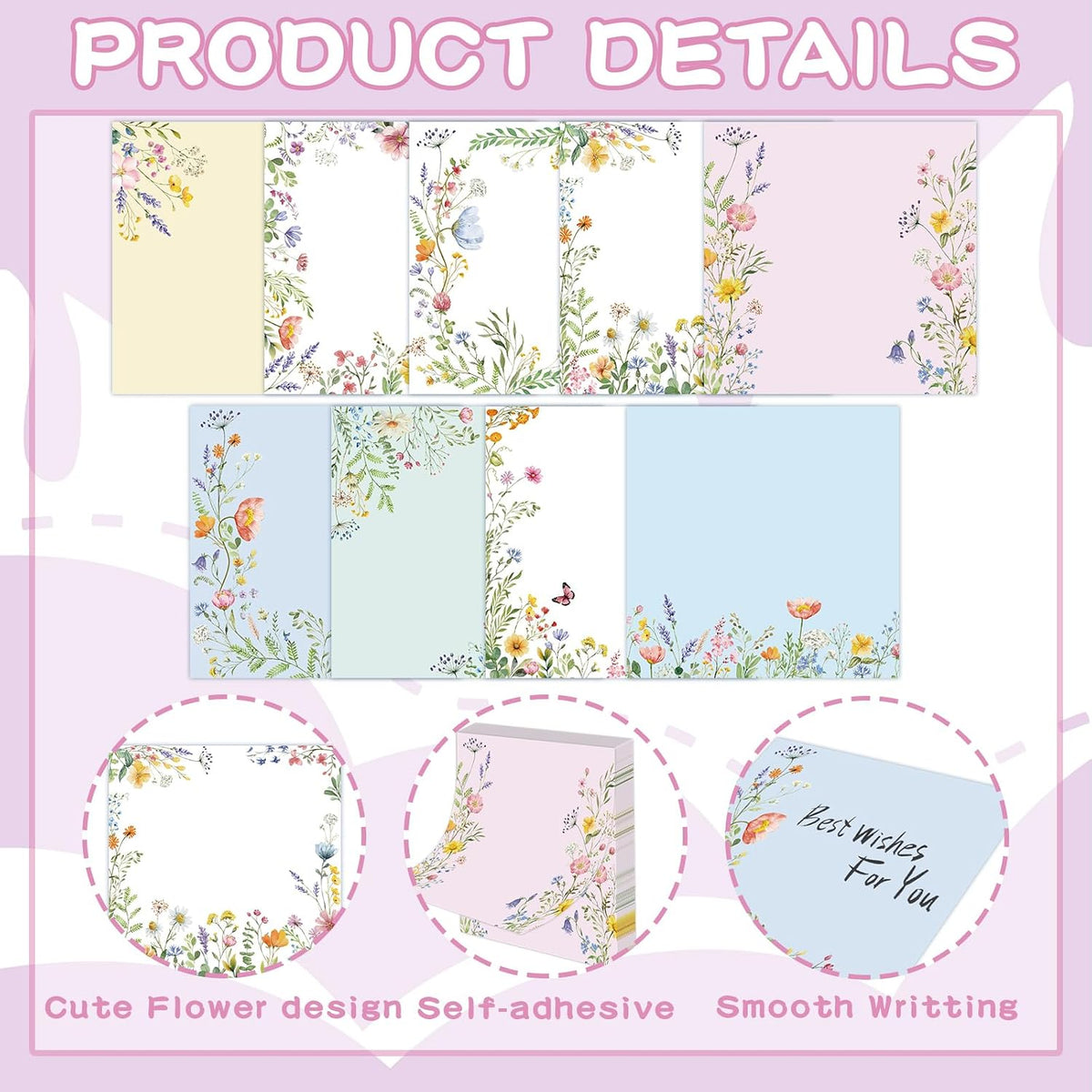 9 Pcs Wildflower Notepads 3" x 3" Self-Adhesive Wildflower Note Pads Memo for Journal