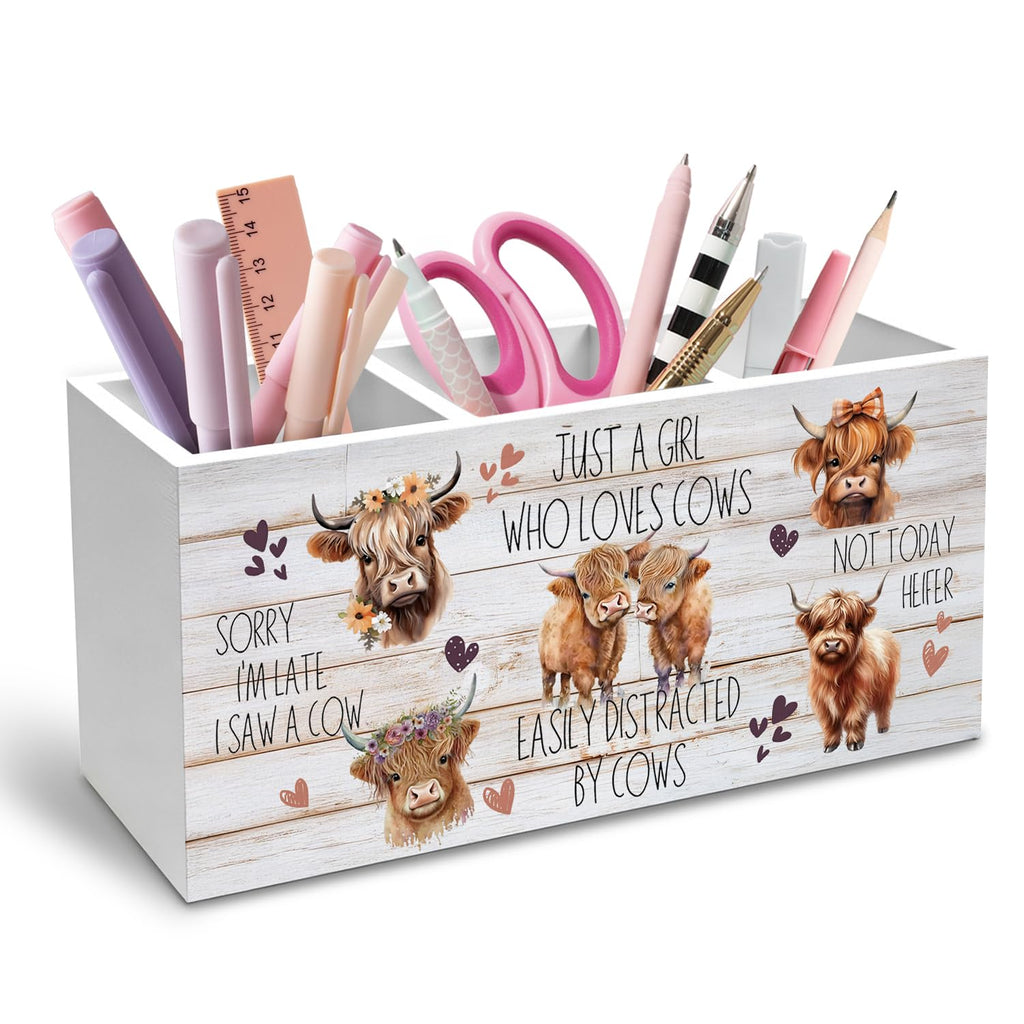 Highland Cow Pen Holder for Desk, Funny Easily Distracted by Cows Pencil Organizer