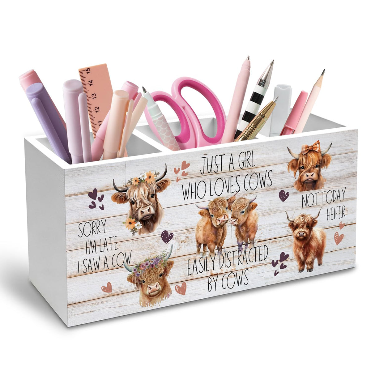 Highland Cow Pen Holder for Desk, Funny Easily Distracted by Cows Pencil Organizer