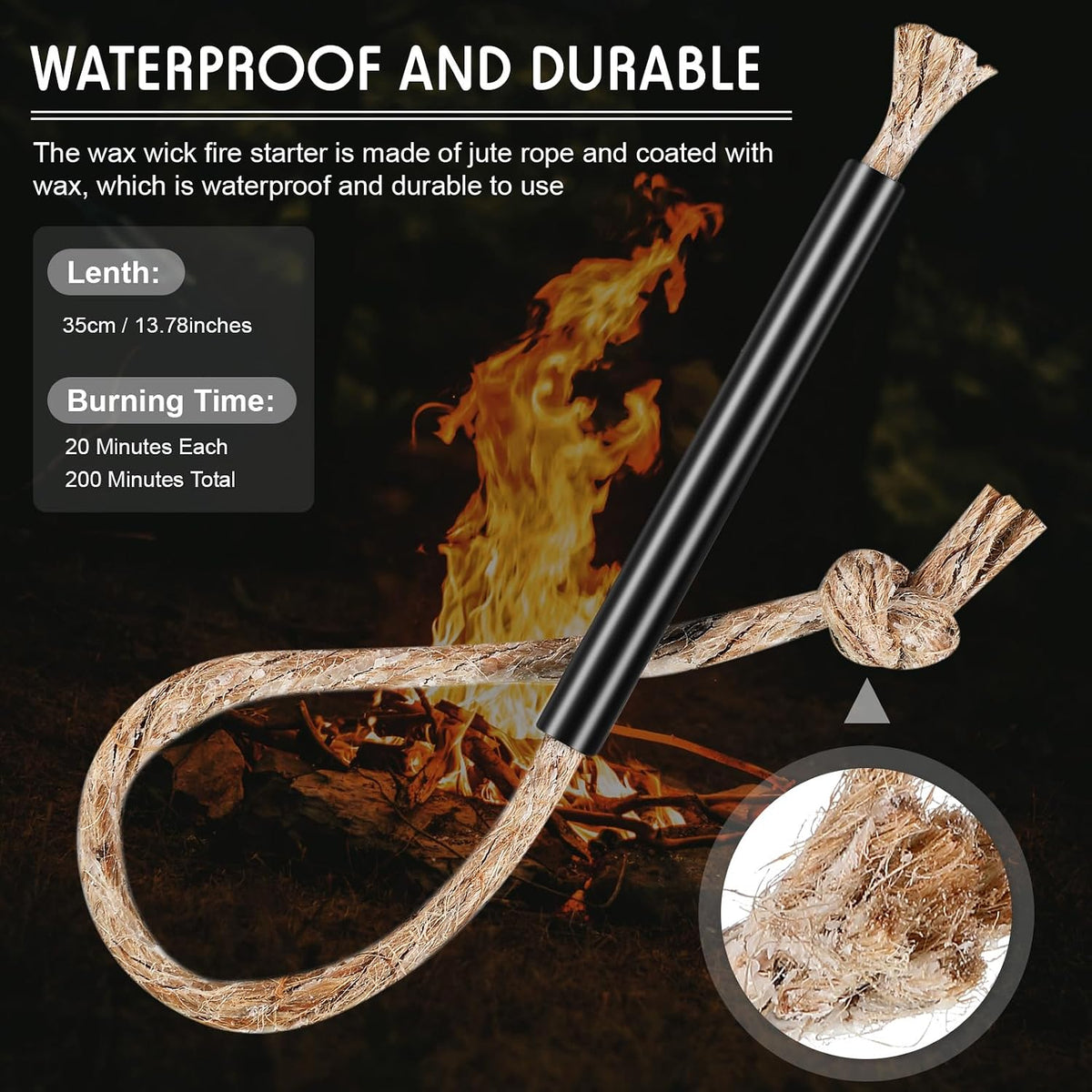 10 Pcs Tinder Fire Starter Rope with 10 Pcs Survival Wick Cord, Aluminum Sleeve Tube