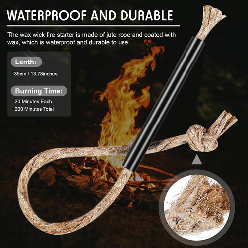 10 Pcs Tinder Fire Starter Rope with 10 Pcs Survival Wick Cord, Aluminum Sleeve Tube