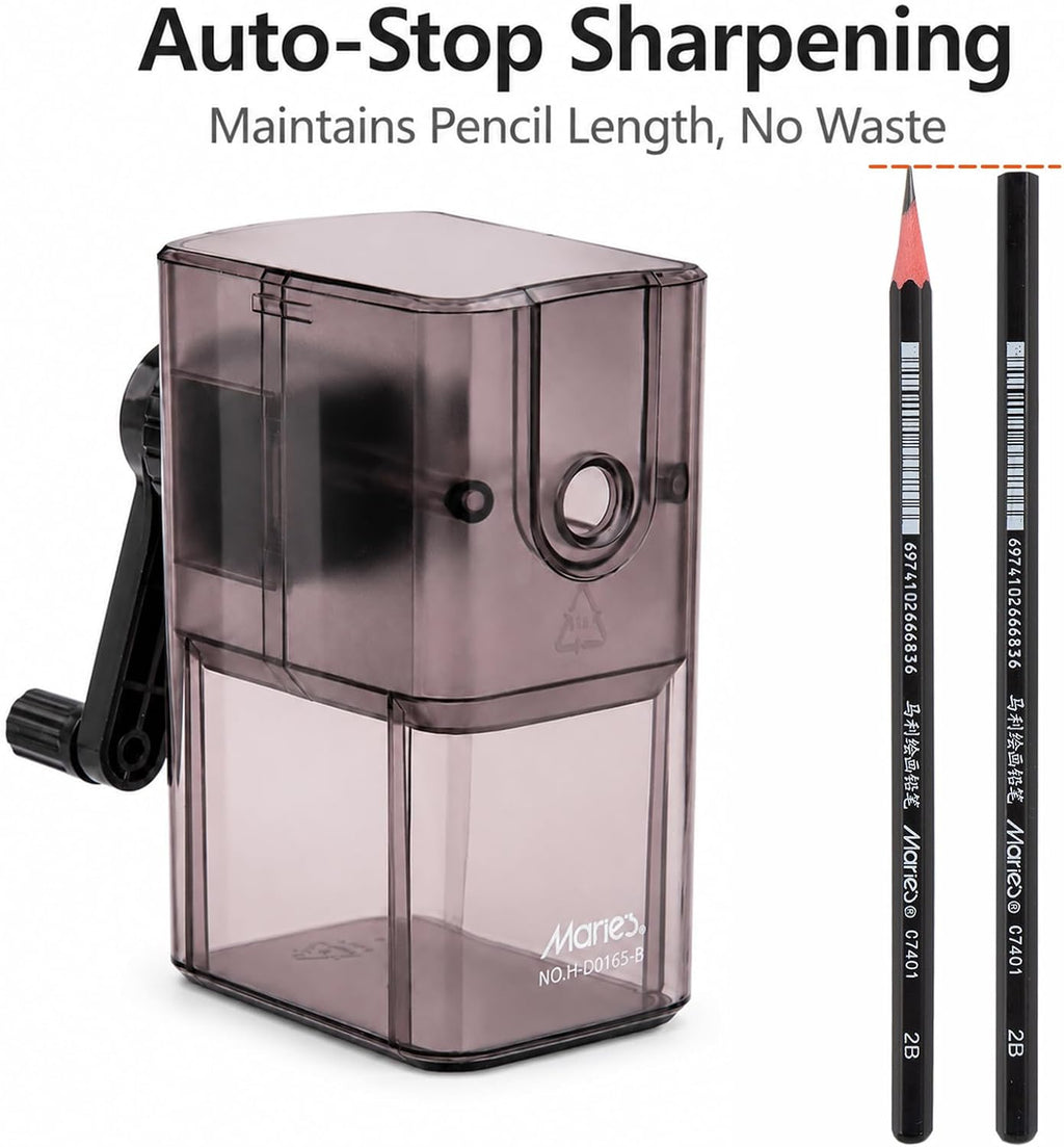 Marie’s Manual Pencil Sharpener, 5 Point Modes, Auto-Stop, Transparent Shavings Bin