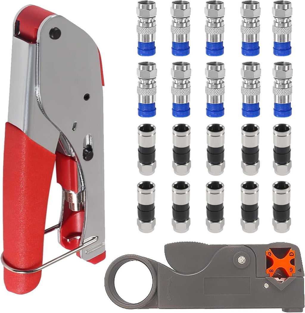 Coax Cable Crimper Tool Kit with 20pcs F Type RG59 RG6 Compression Connectors Coaxial