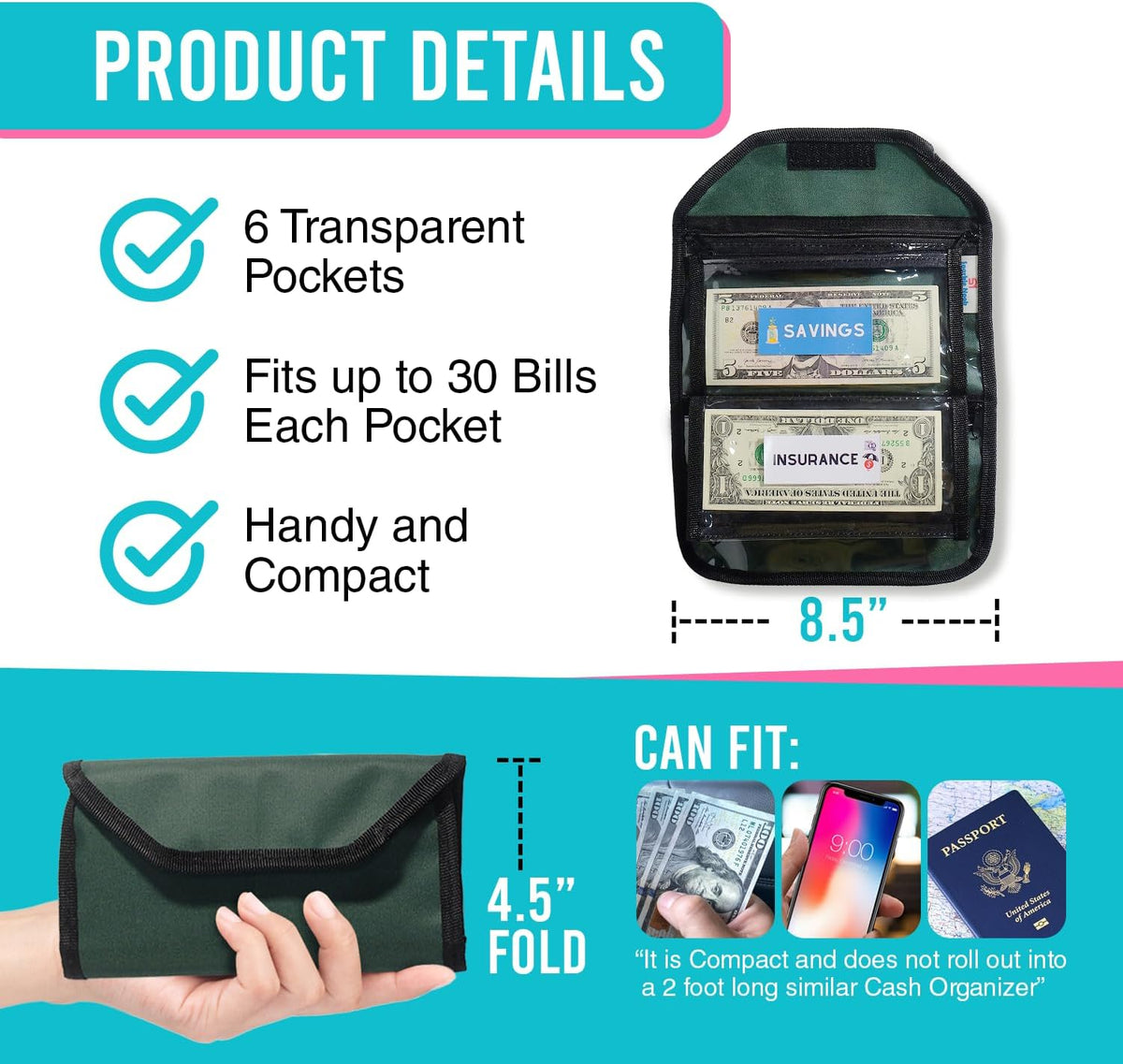 Multipack Pouch Organizer - 6 Zippered Money Envelopes for Cash Management and Budgeting