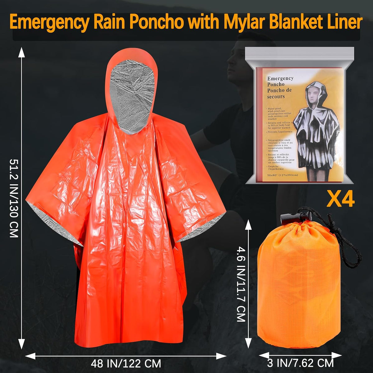 Blcculi 4 Pack Emergency Rain Poncho Orange