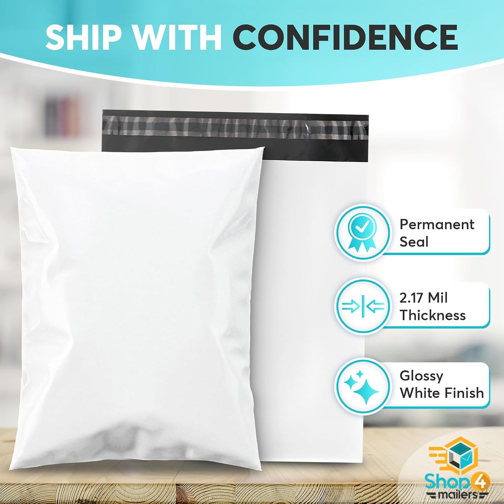 Shop4Mailers 10x13 Inch 2.17 Mil Poly Mailers – Glossy White Waterproof Tear-Resistant