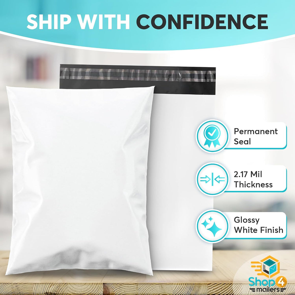 Shop4Mailers 10x13 Inch 2.17 Mil Poly Mailers – Glossy White Waterproof Tear-Resistant