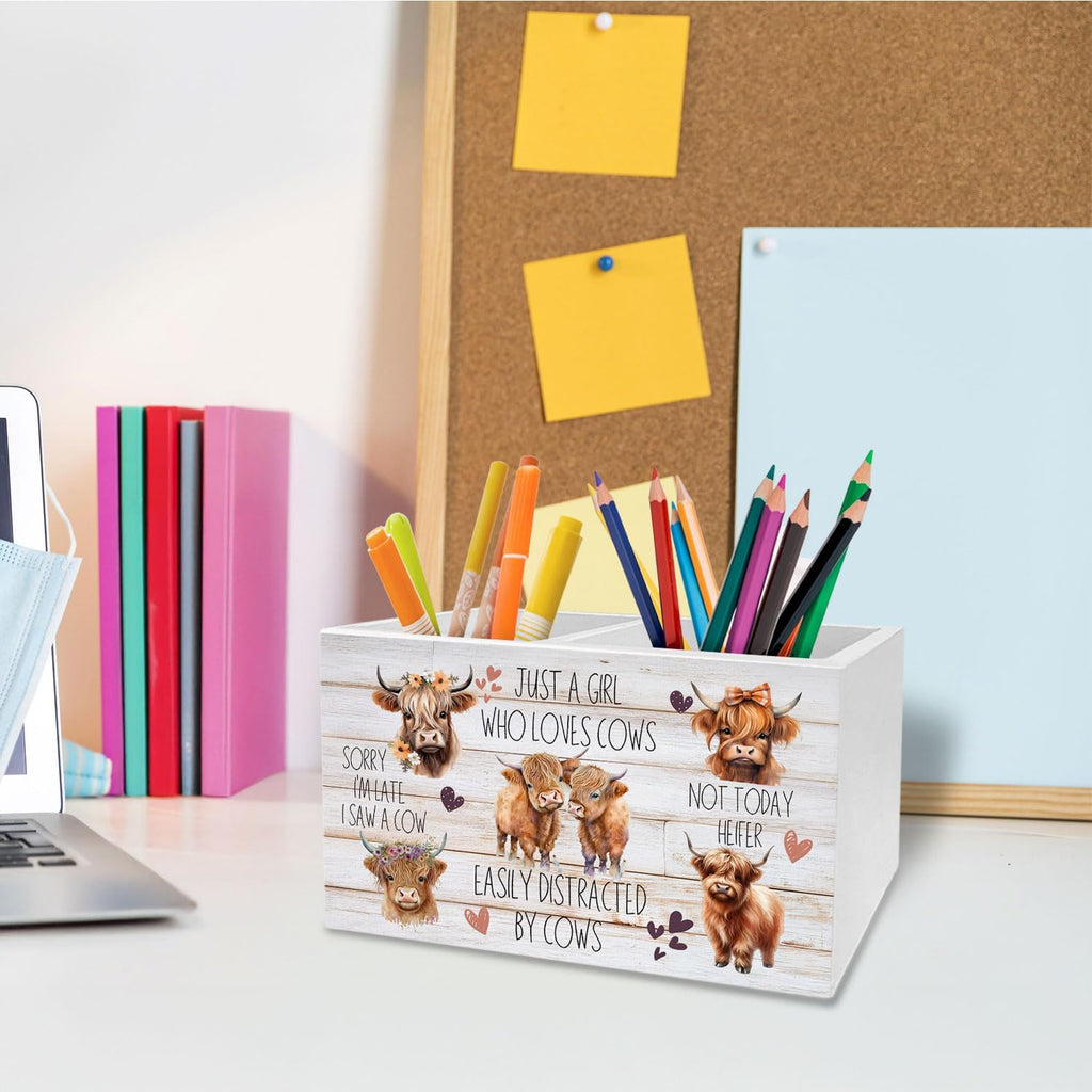 Highland Cow Pen Holder for Desk, Funny Easily Distracted by Cows Pencil Organizer