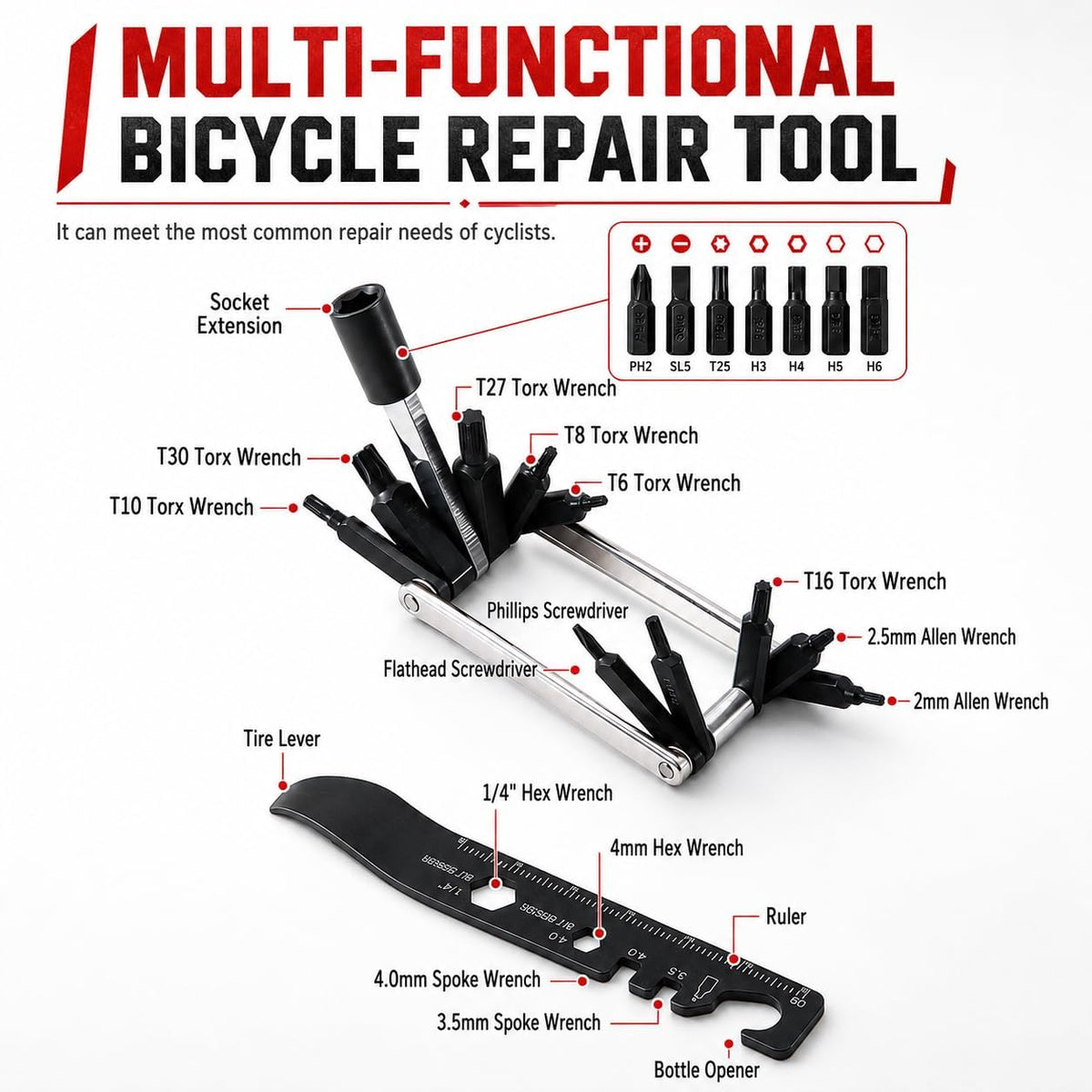 38-in-1 Bike Multitool – Portable Magnetic Bike Repair Tool Set with Tire Levers
