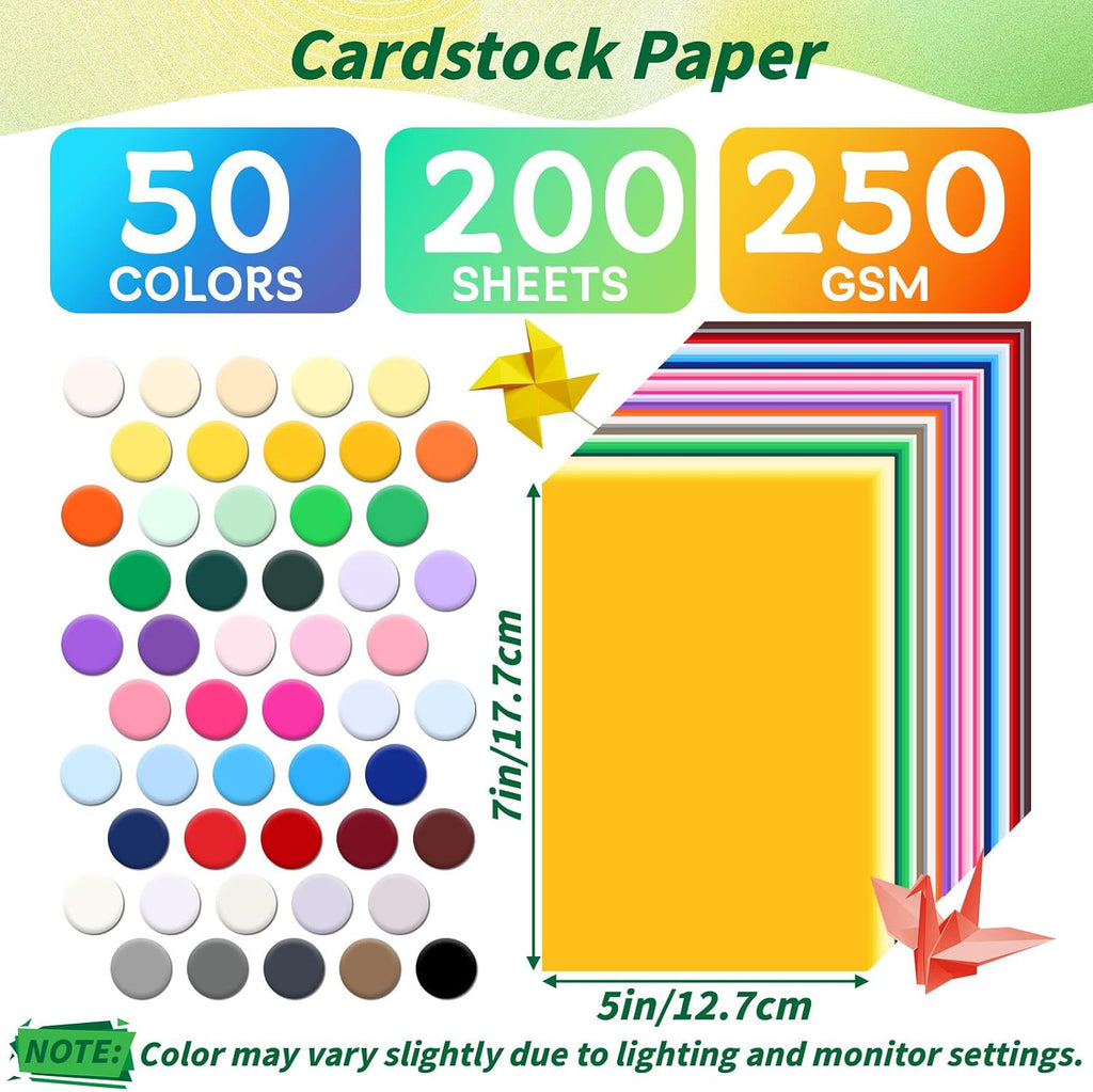 200 Pack 5" x 7" Cardstock, 50 Colors, 250GSM Thick Colored Paper