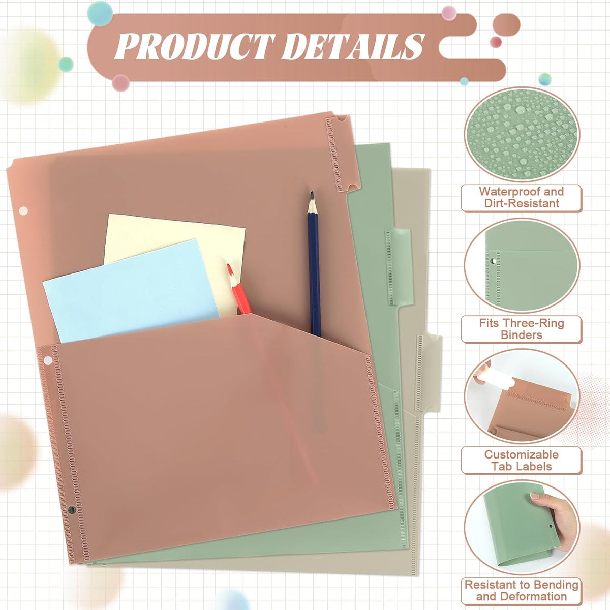 3 Sets 5 Tab Binder Dividers with Pockets for 3 Ring Plastic Binders 8.5 x 11 Inches 3