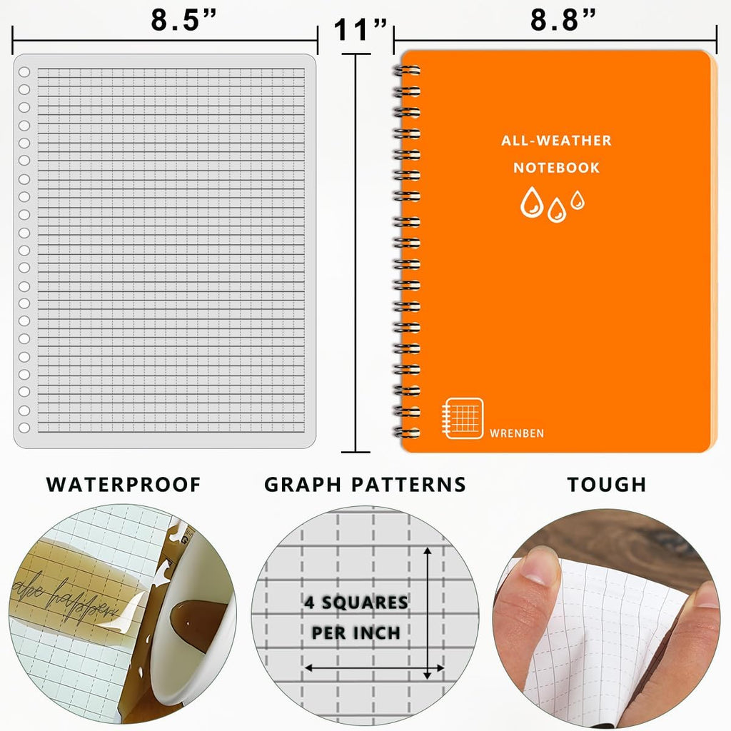Large Fully Waterproof Side Spiral Notebook 8.5" x 11" with Stone Paper and Hard Cover