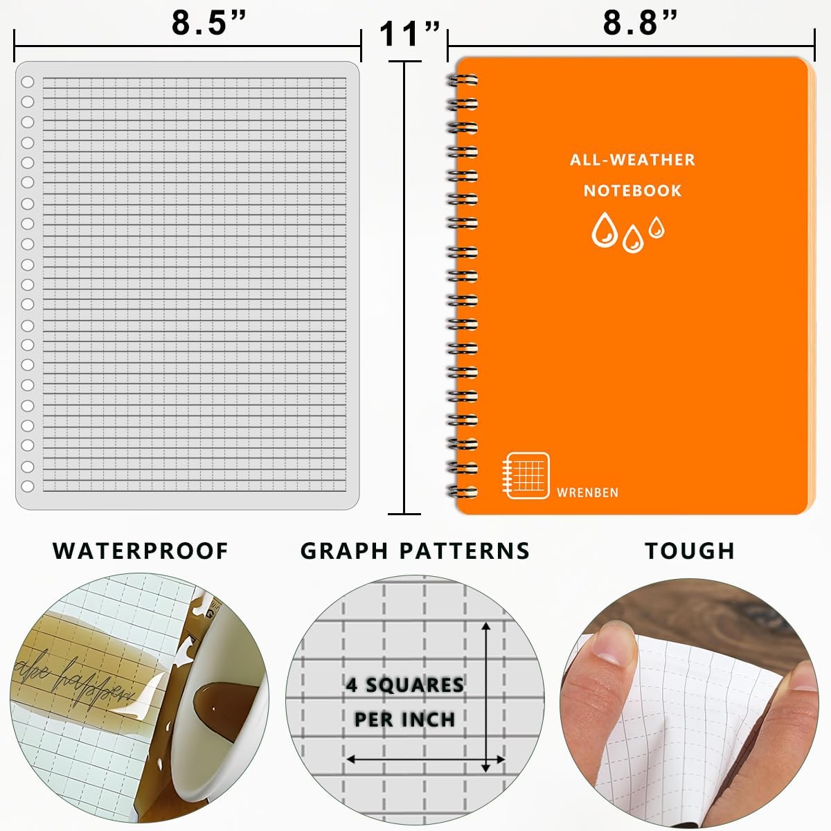 Large Fully Waterproof Side Spiral Notebook 8.5" x 11" with Stone Paper and Hard Cover