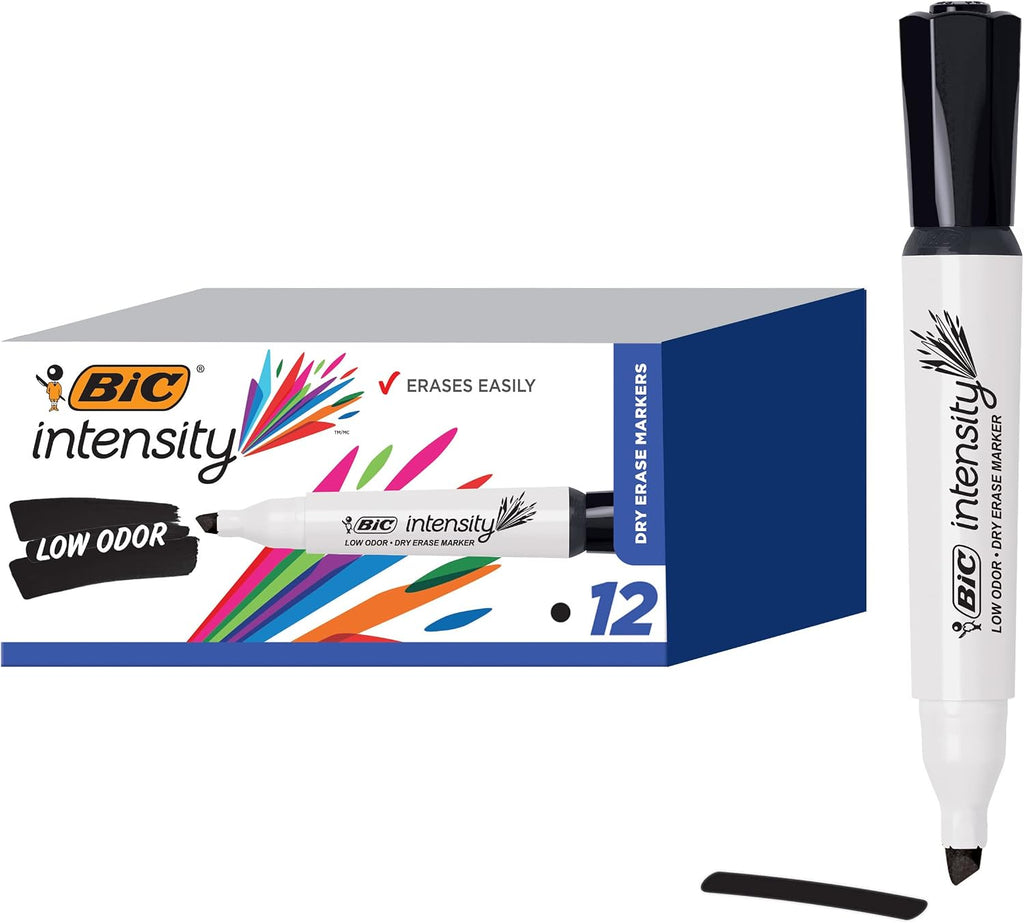 BIC Intensity Black Low Odor Dry Erase Markers, Chisel Tip, 12-Count