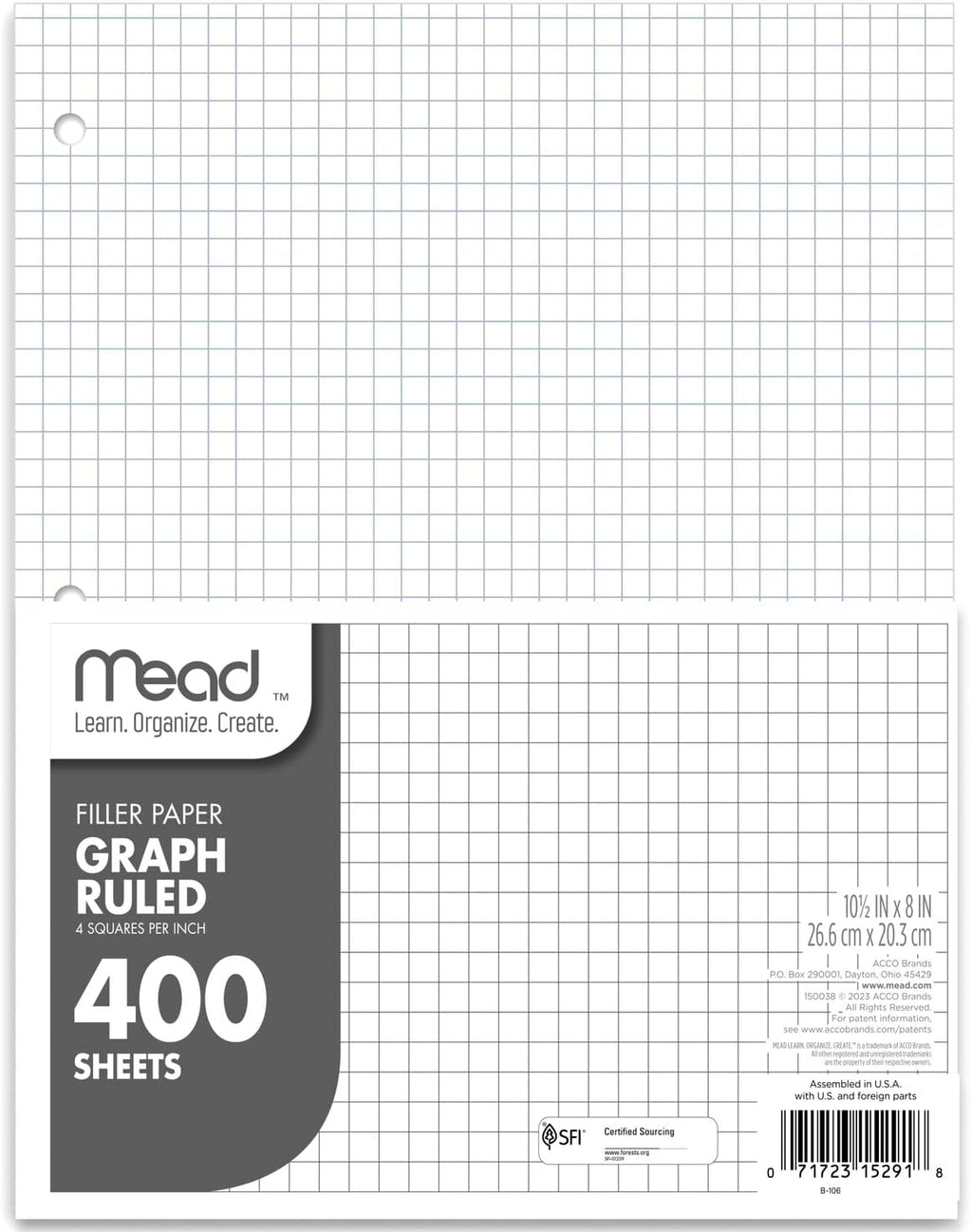 Mead Loose Leaf Paper, Graph Ruled Filler Notebook Paper, 8" x 10-1/2", 400 Sheets