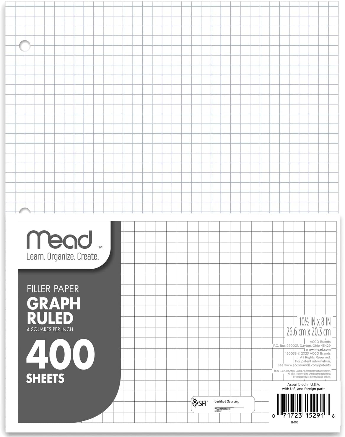 Mead Loose Leaf Paper, Graph Ruled Filler Notebook Paper, 8" x 10-1/2", 400 Sheets