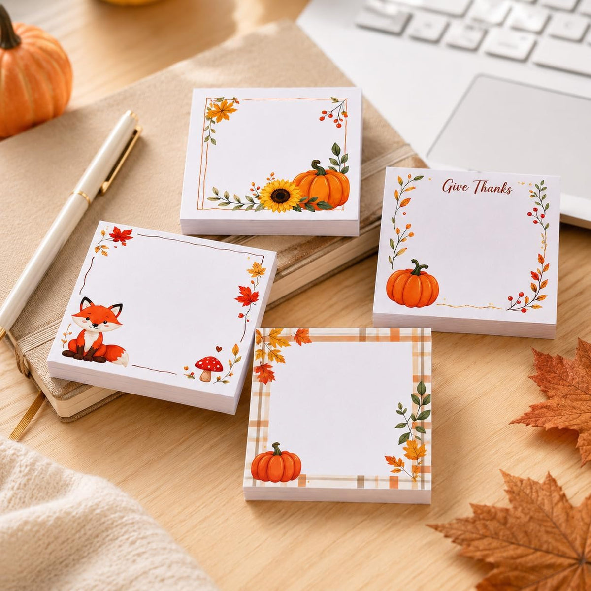 9 Pieces Fall Sticky Notes Self-Adhesive Pumpkin Maple Leaf Sunflower Turkey Memo Pads
