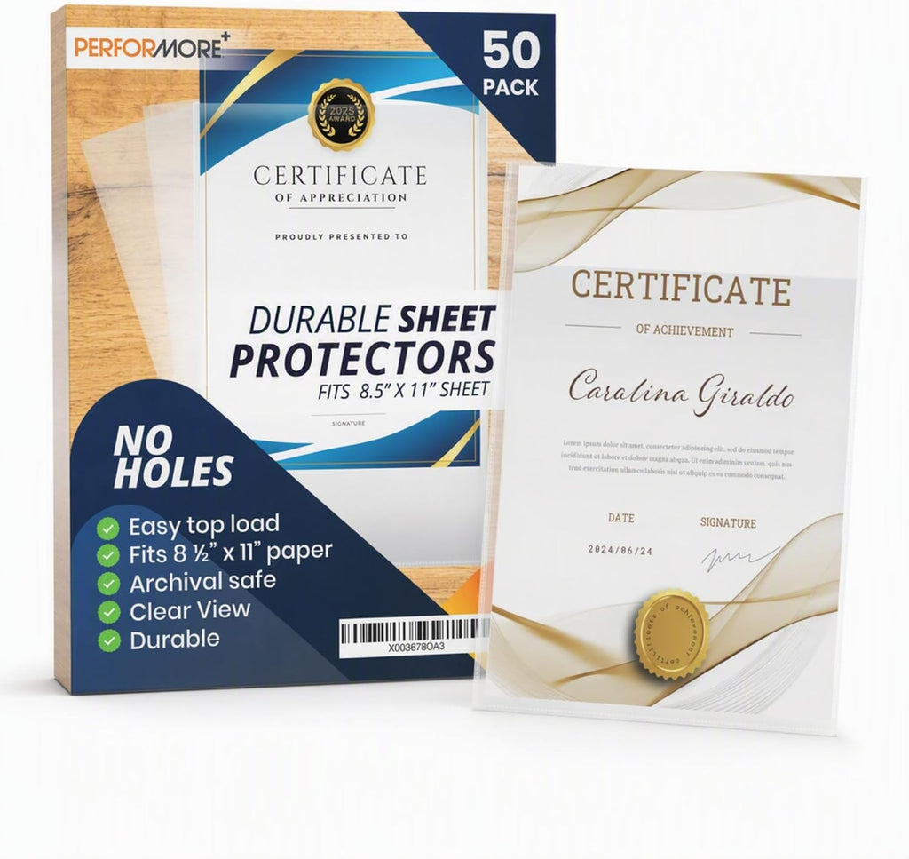 Performore 50 Clear No Hole Sheet Protectors, 8.5" x 11", Plastic Sheet Sleeves