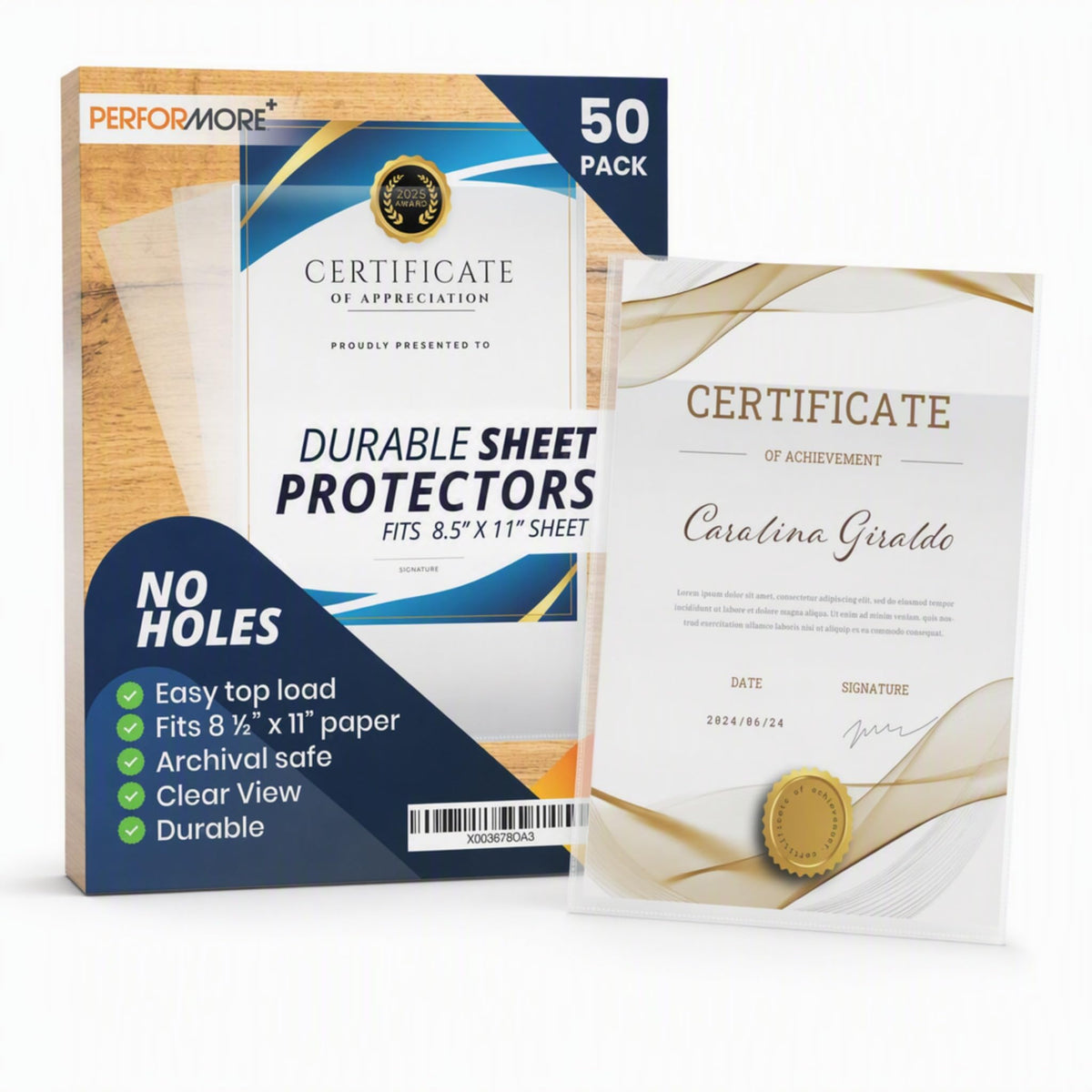 Performore 50 Clear No Hole Sheet Protectors, 8.5" x 11", Plastic Sheet Sleeves