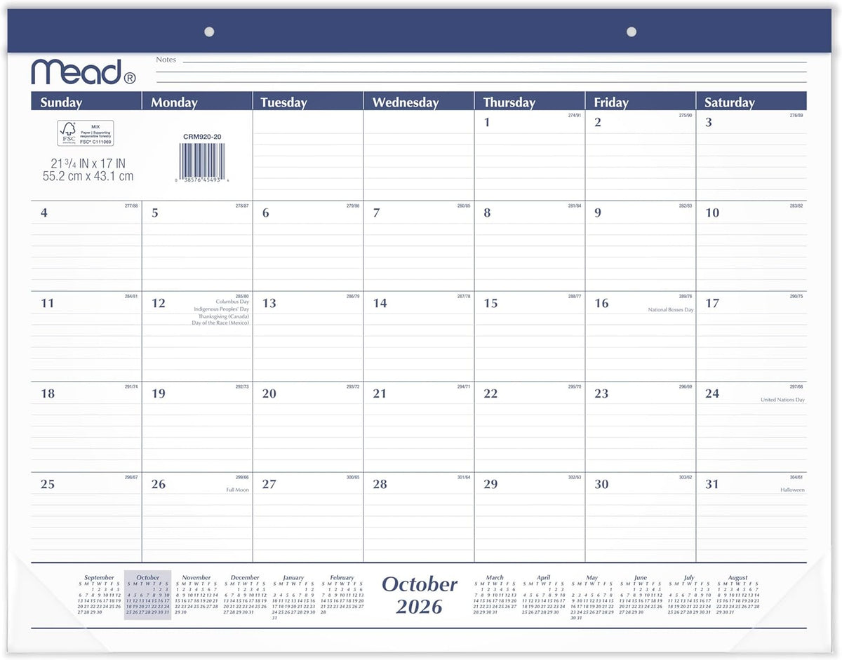 Mead 2027 Desk Pad Calendar, Monthly Desk Wall Planner, 15-Month Oct-Dec