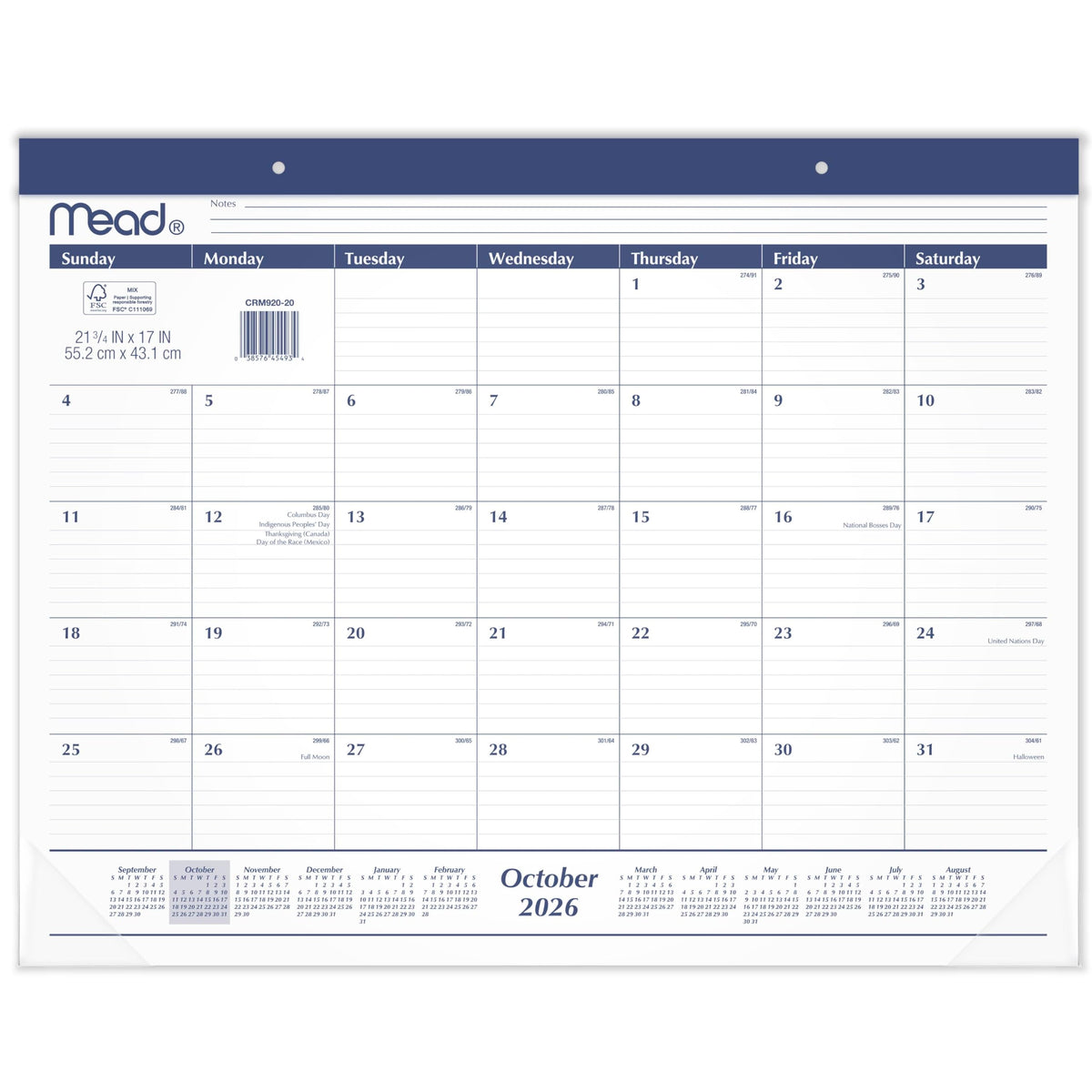 Mead 2027 Desk Pad Calendar, Monthly Desk Wall Planner, 15-Month Oct-Dec