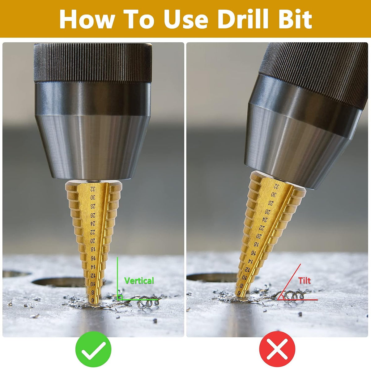 15 Sizes Step Drill Bit, 4mm-32mm (3/16" to 1-1/4") Titanium Coated Multi Step Drill Bits