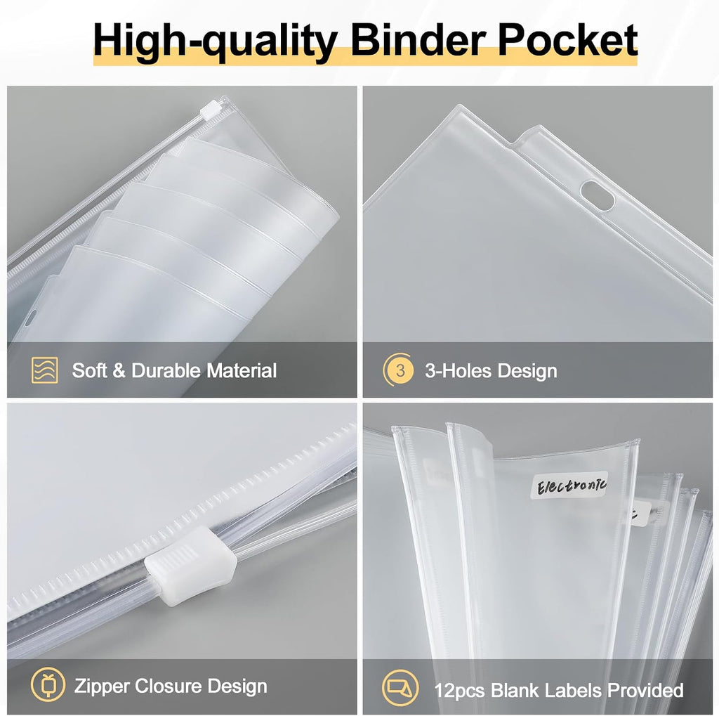 KTRIO 12 Pack Binder Pockets, 8.5 x 11 Zipper Pouches for 3 Ring Binders