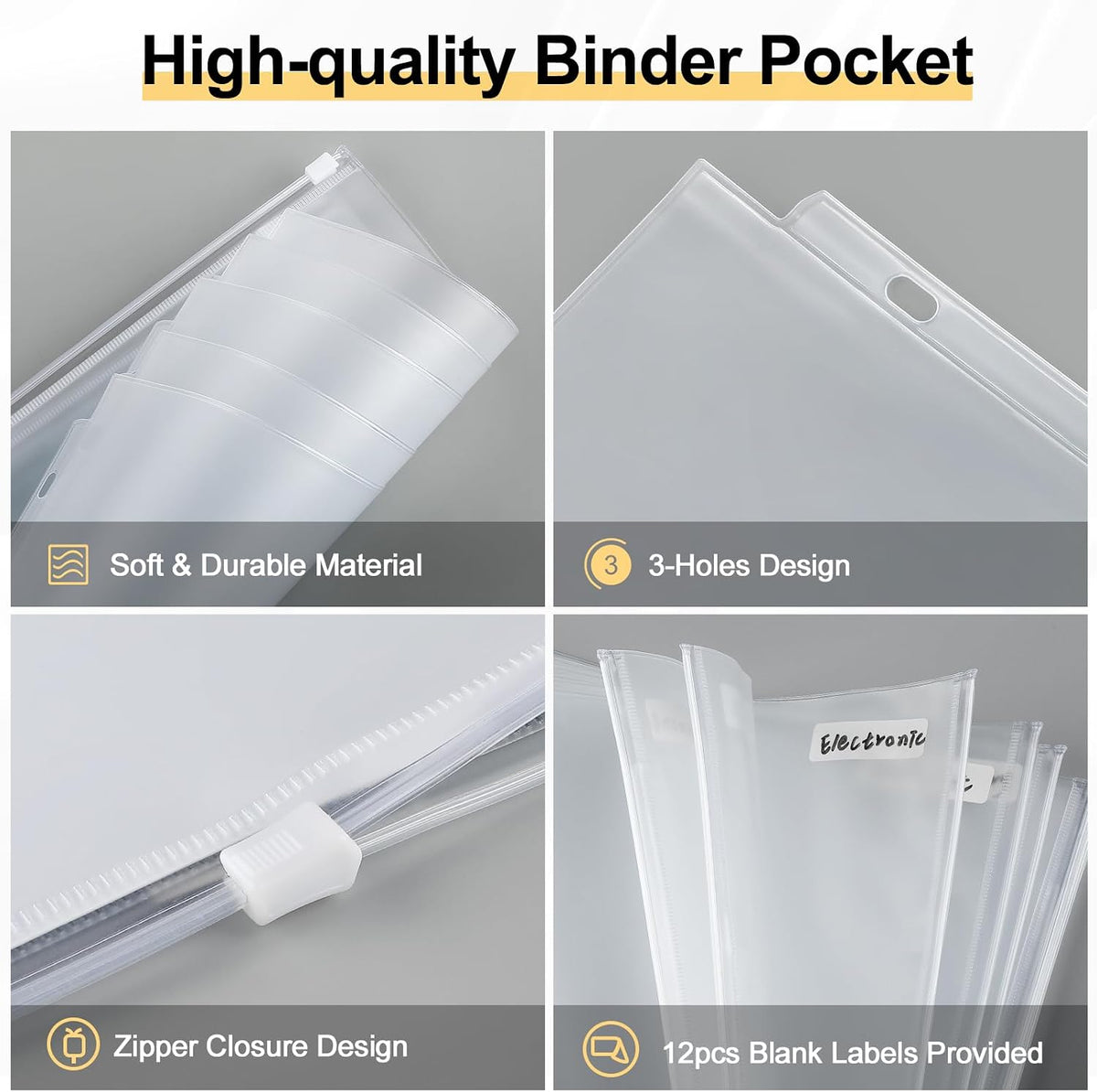 KTRIO 12 Pack Binder Pockets, 8.5 x 11 Zipper Pouches for 3 Ring Binders