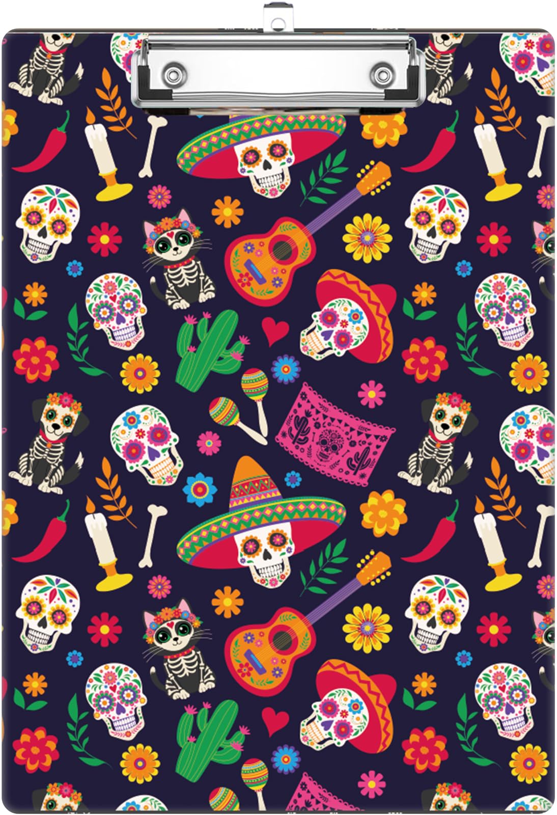 Mexican Skull Clipboard, Cute Decorative Clip Board with Metal Clip Pretty Plastic