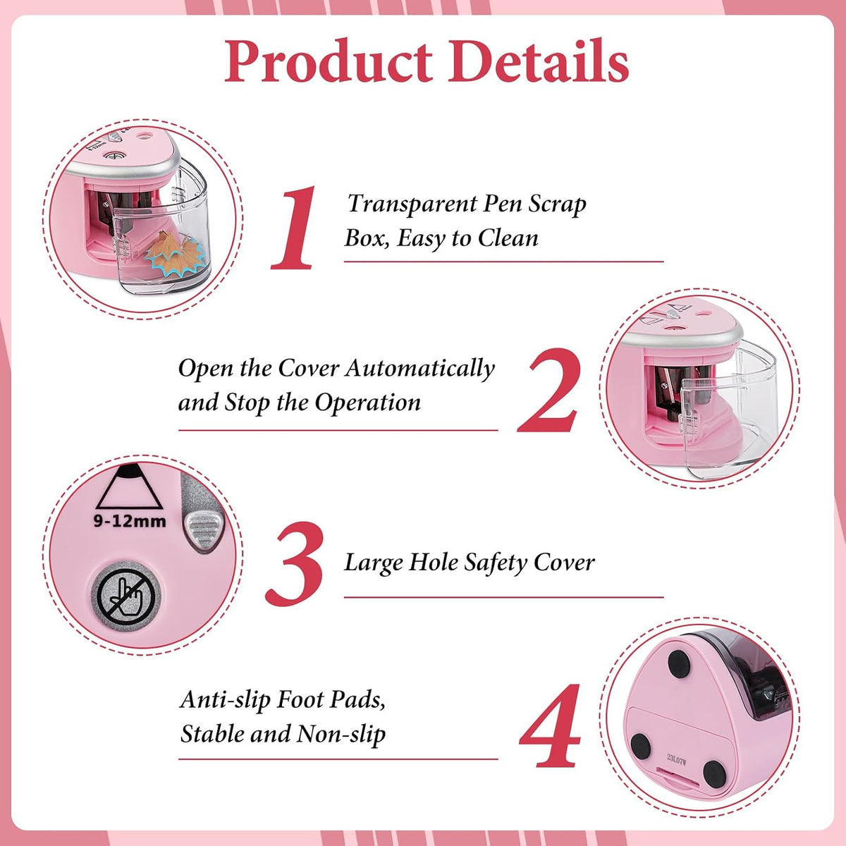 AUAUY Electric Pencil Sharpener with Double Hole, Battery Operated, Pink