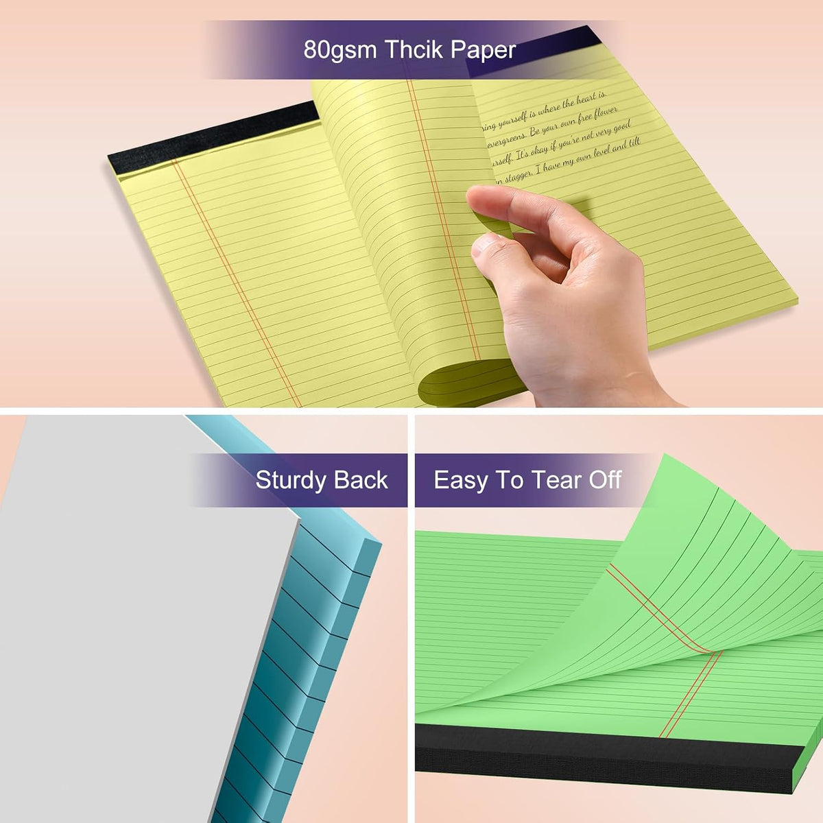 5 Pack Note Pads 11" x 9.5" Legal Pads College Ruled Notepads Colored Writing Pads