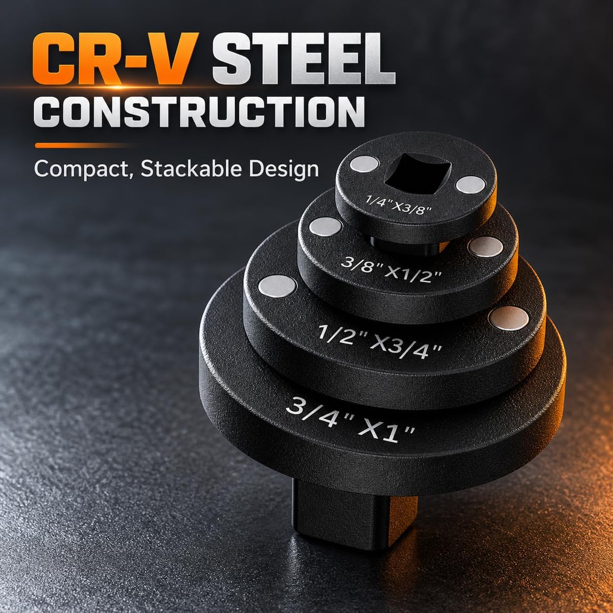 4-Piece Low Profile Impact Socket Adapter Set, 1 in to 1/4 in, CR-V Steel