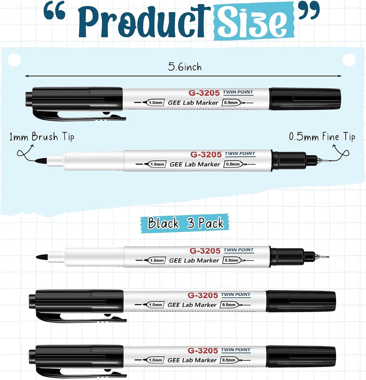 3 Pcs Alcohol Resistant Lab Markers Dual Head, Black