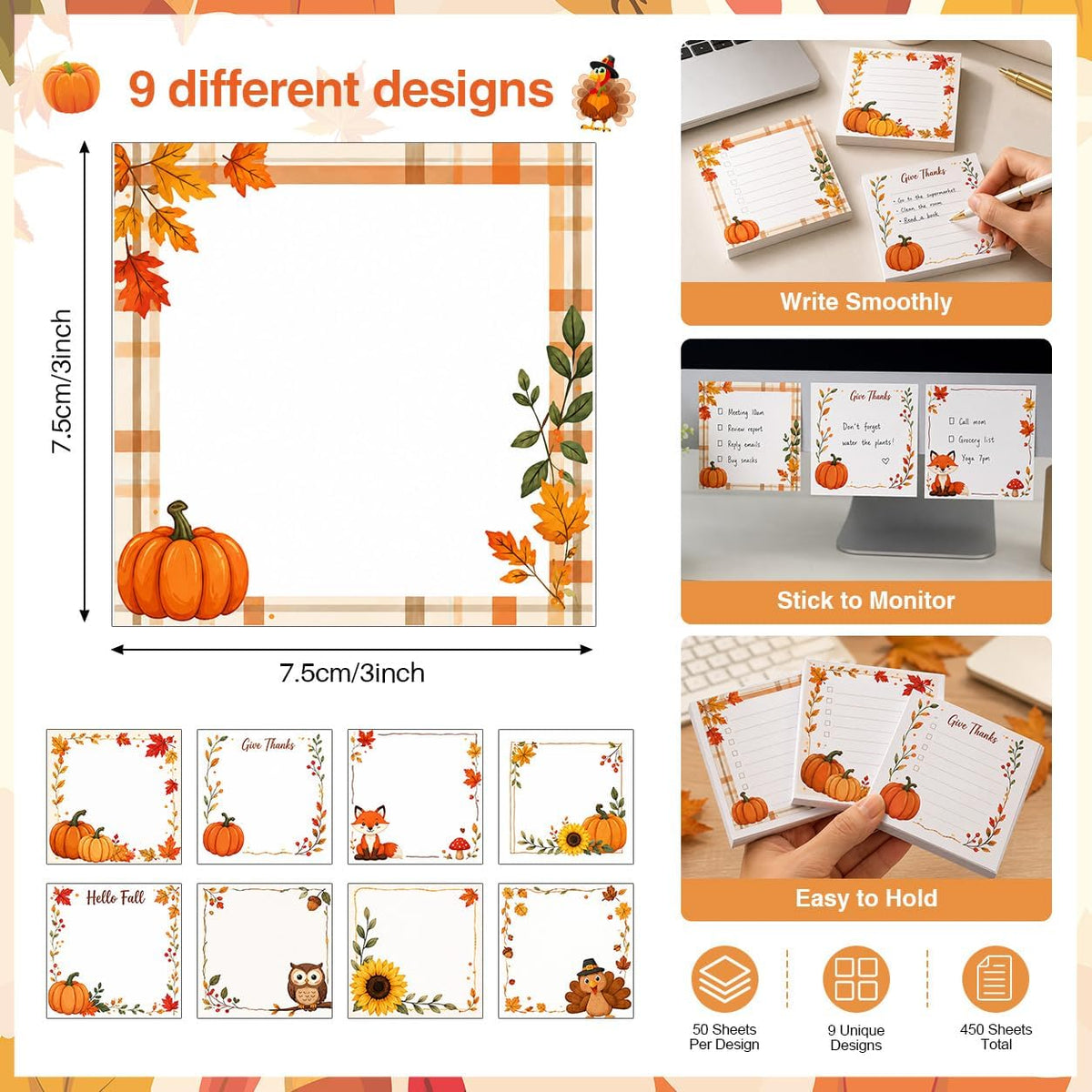 9 Pieces Fall Sticky Notes Self-Adhesive Pumpkin Maple Leaf Sunflower Turkey Memo Pads