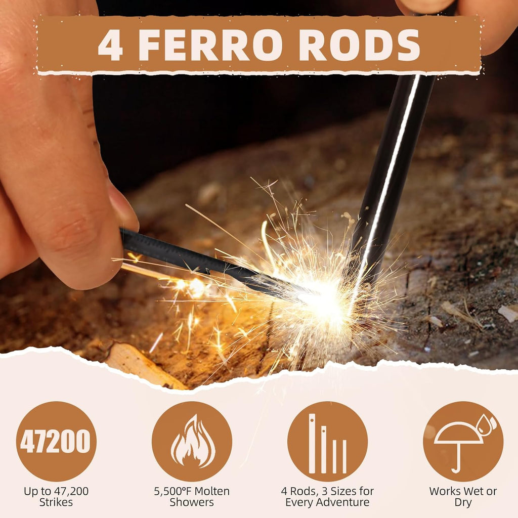 Emergency Whistle & Fire Starter Kit - 6 Aluminum Whistles & 4 Ferro Rods (4", 3.2"
