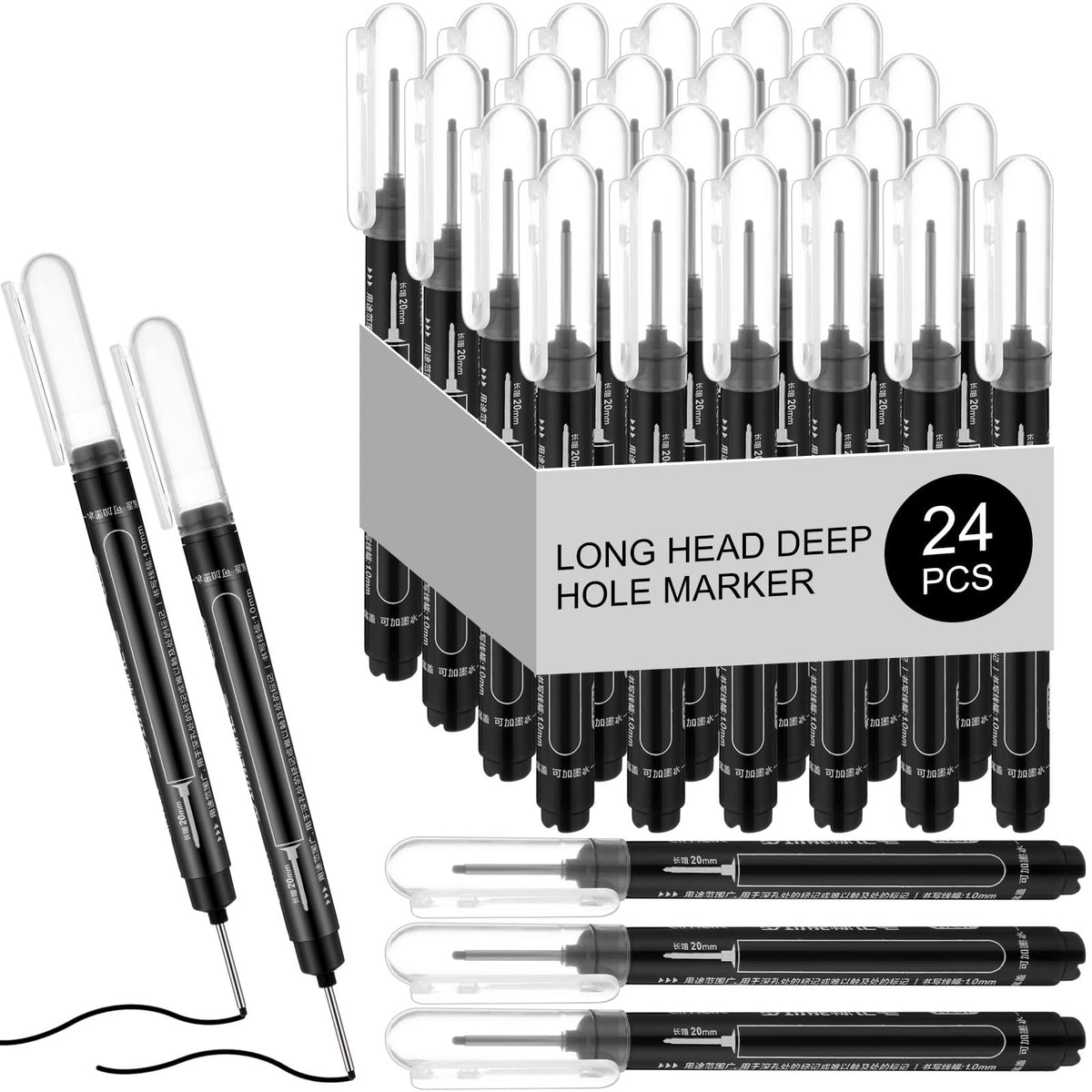MotiMind 24 Pcs Long Nib Marker Bulk Deep Hole Marker, Black