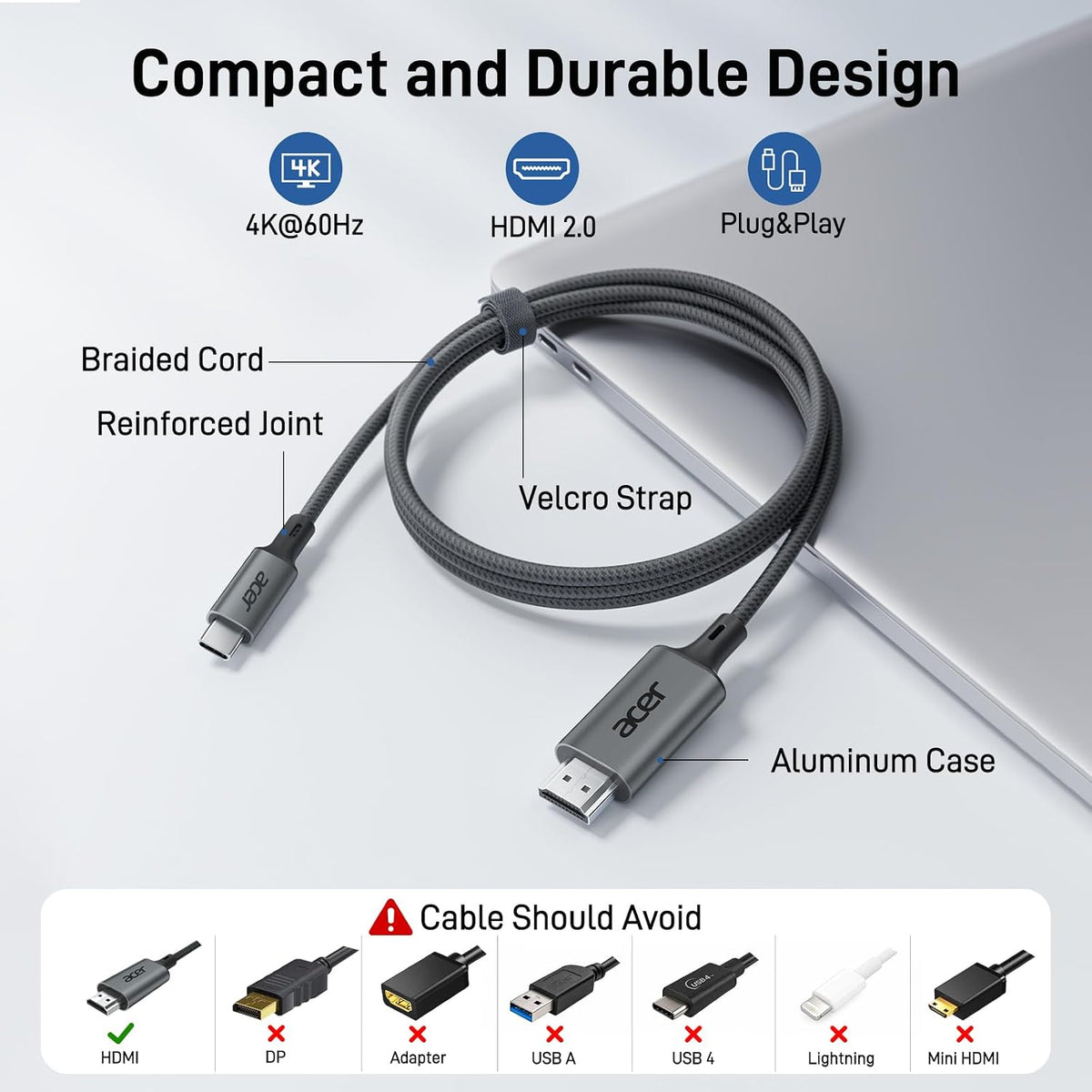 Acer USB C to HDMI Cable for Home Office 6.6FT (4K@60Hz) for Laptop