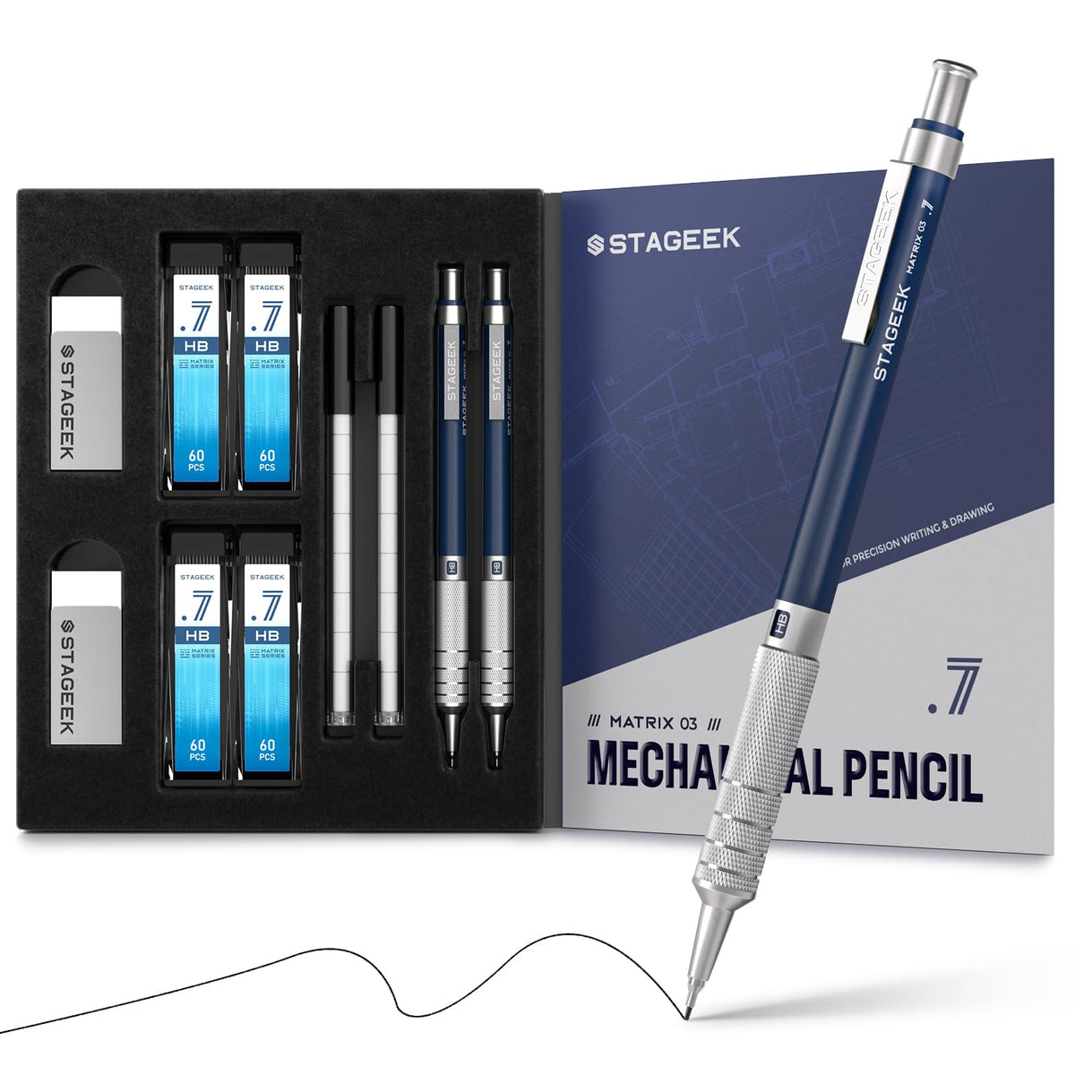 STAGEEK 0.5mm & 0.7mm Mechanical Pencil Set, 2 Erasers and 240 HB Refills