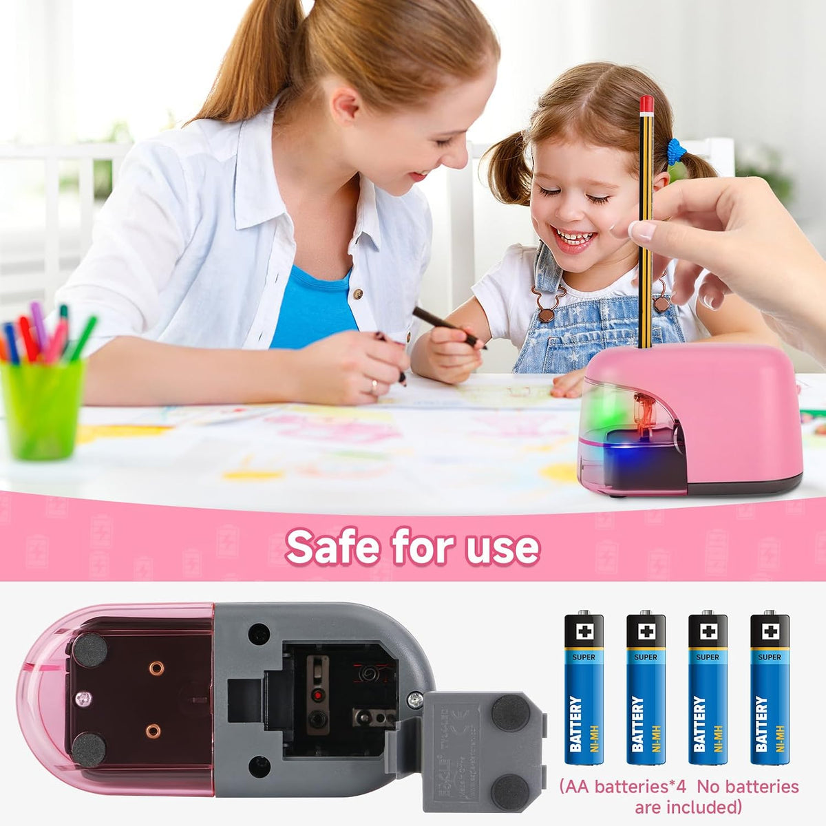 Battery-Operated Electric Pencil Sharpener with LED Light – Compact & Portable Pencil