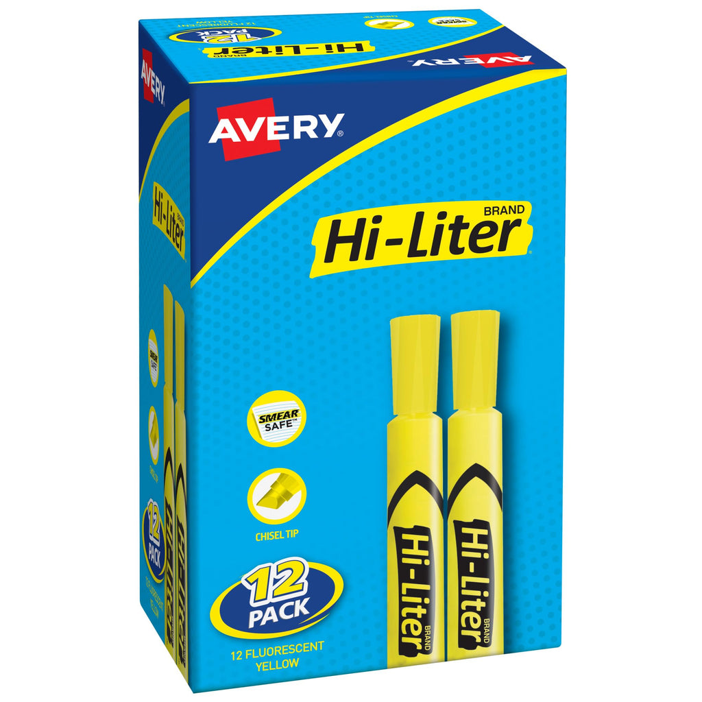 Avery Hi-Liter Desk Style Highlighters, 12 Yellow Highlighters