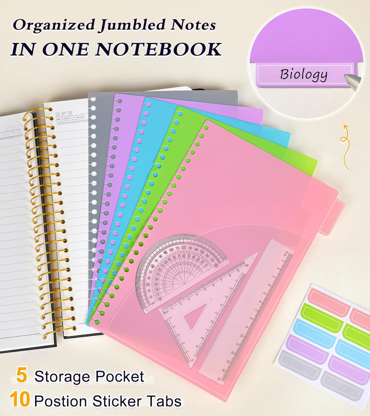 5 Subject Notebook College Ruled 240 Pages, A5(5.8"x8.3") Hardcover Spiral Notebook with