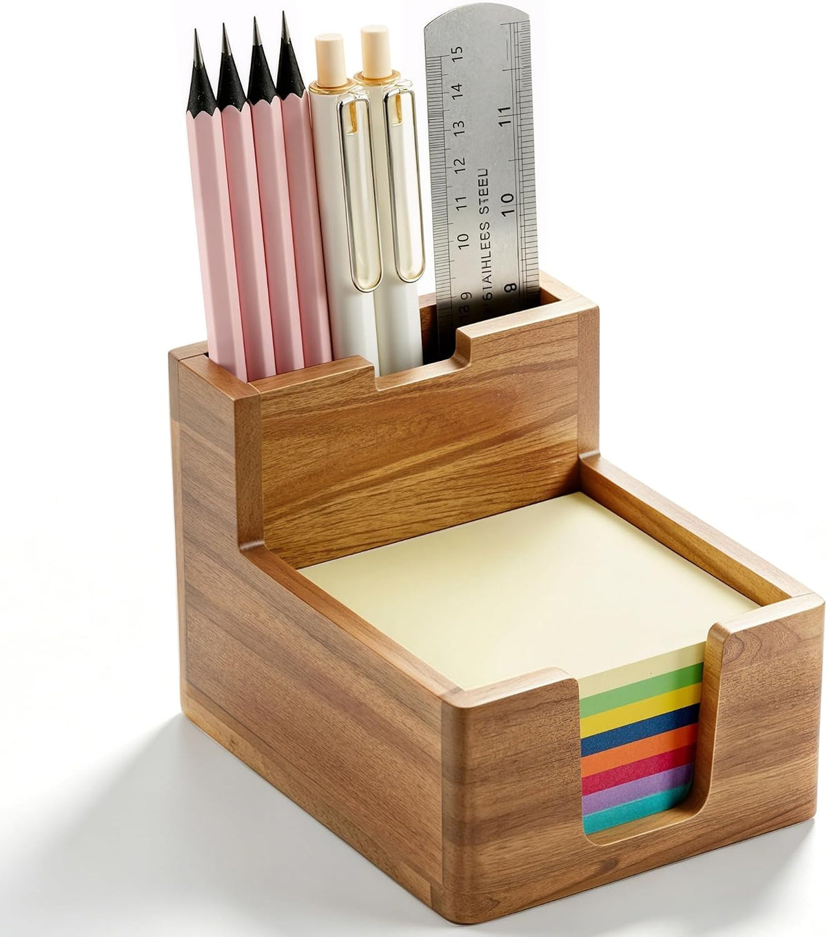Acacia Wood Sticky Note Holder with Pen Slot, 3x3 Post It Note Dispenser