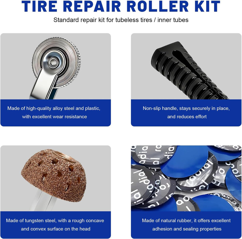 34 PCS Tire Patch Roller Kit, 35mm 43mm 58mm Auto Tire Tube Patches Kit with Roller &