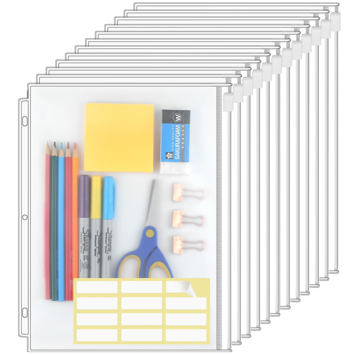 KTRIO 12 Pack Binder Pockets, 8.5 x 11 Zipper Pouches for 3 Ring Binders