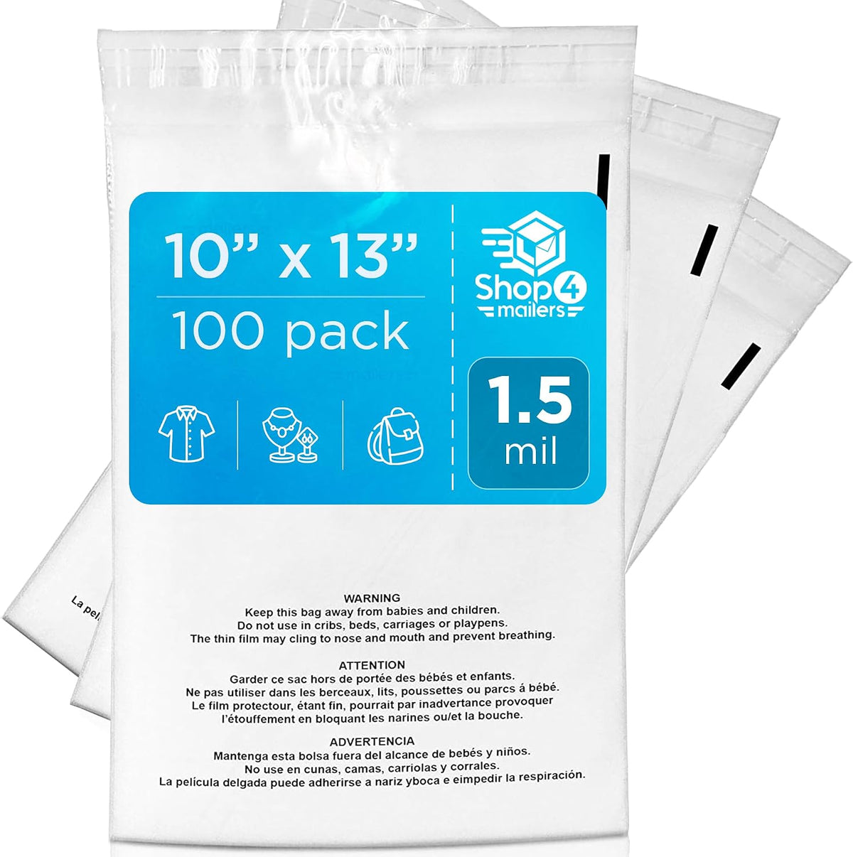 100 Count 10x13 Clear Poly Bags with Suffocation Warning, 1.5 Mil