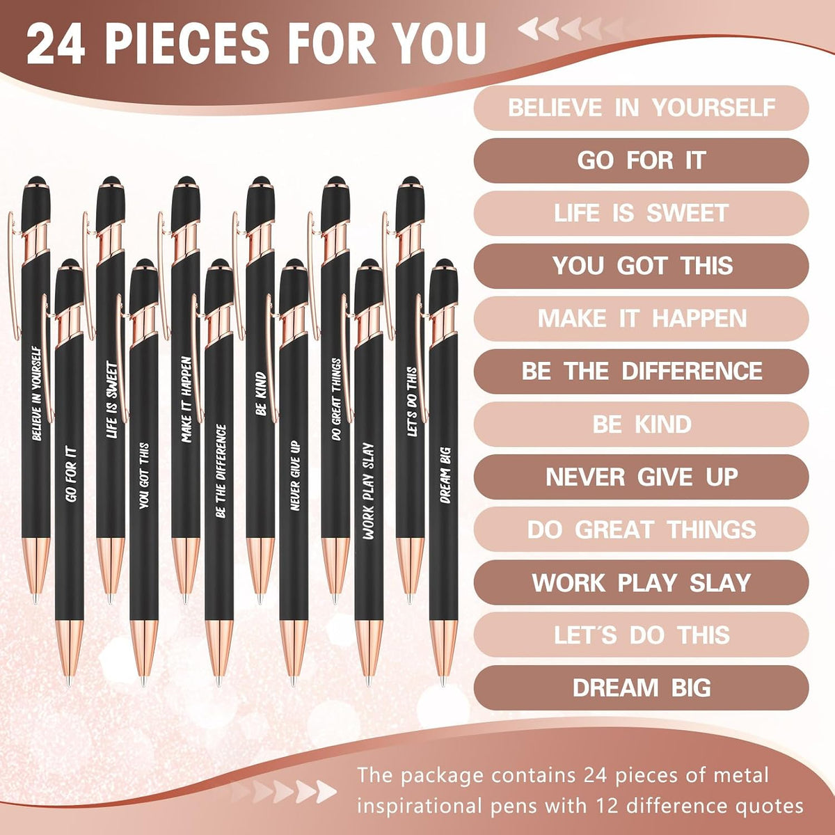 Yeaqee 24 Pcs Inspirational Ballpoint Pens with Stylus Tip, Black