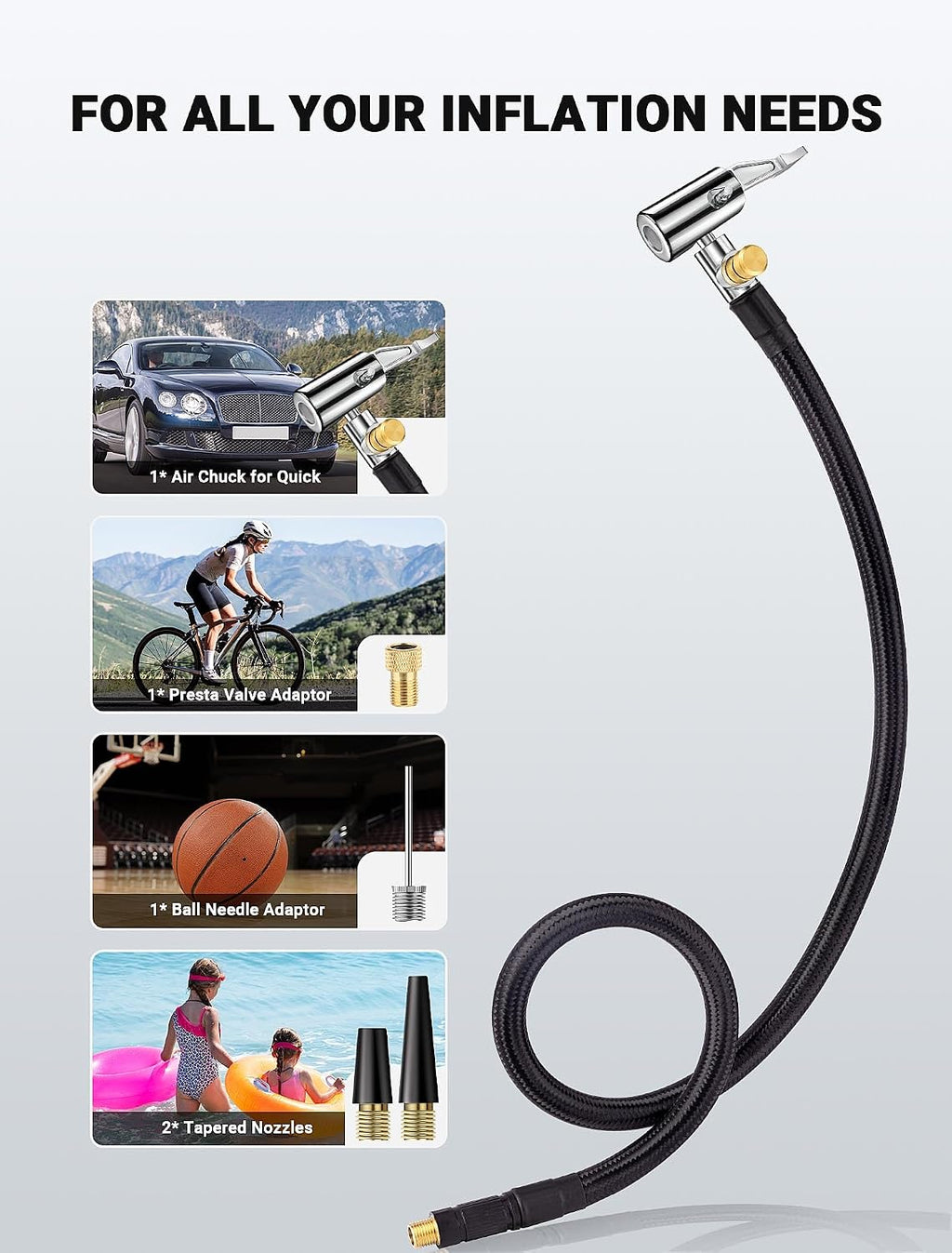 Upgraded Tire Inflator Hose Adapter w/360° Rotating End