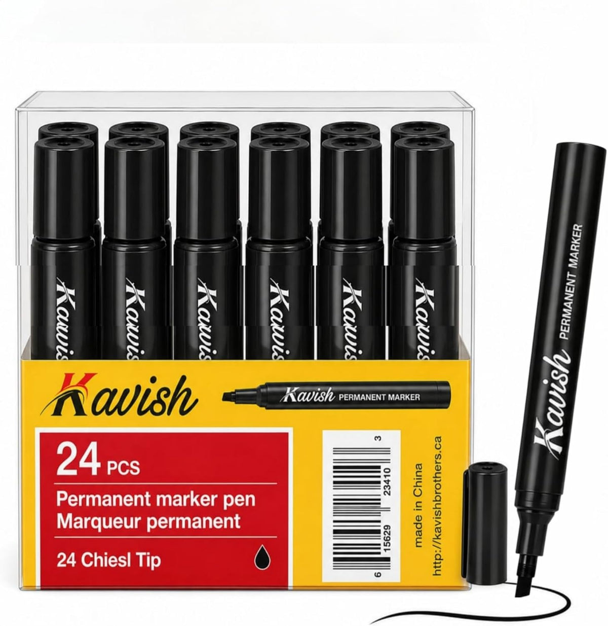 Kavish Permanent Markers 24 Pack, Black Ink, Chisel Tip, Quick Dry